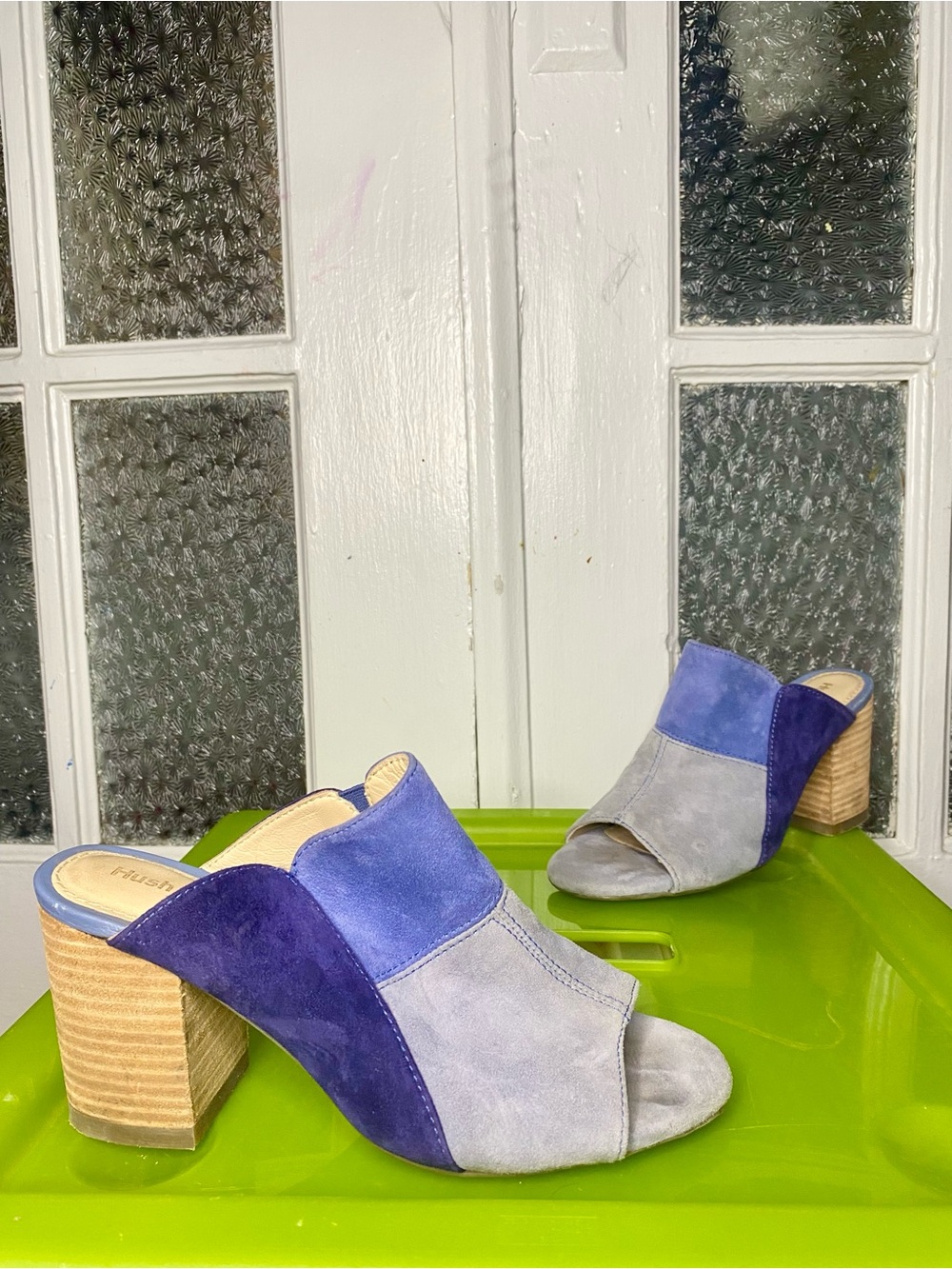 Hush Puppies Suede Colorblock Open-Toe Block Heel Mules in Blue and Gray
